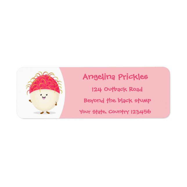 Cute pink rambutan cartoon illustration label (Front)