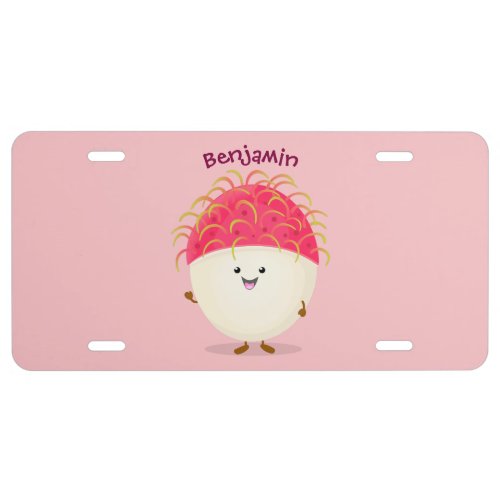 Cute pink rambutan cartoon illustration  license plate