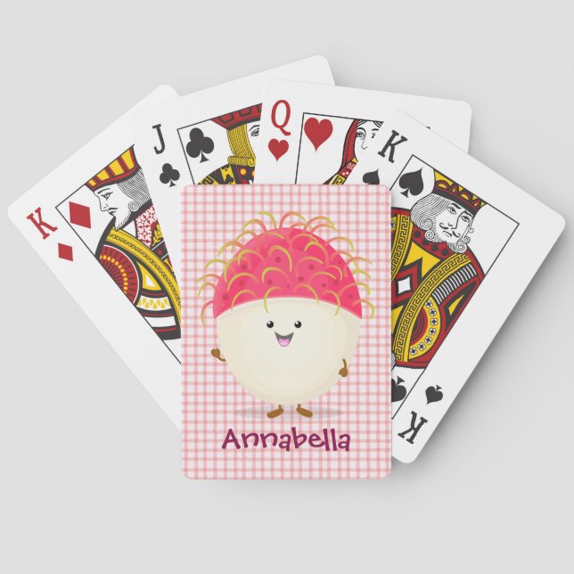 Cute pink rambutan cartoon illustration poker cards (Back)