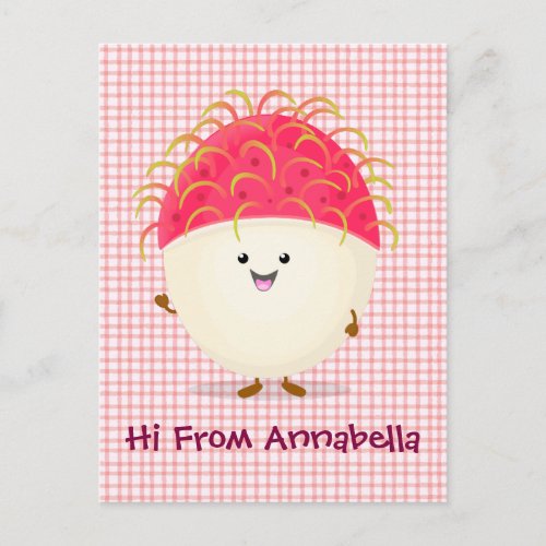 Cute pink rambutan cartoon illustration postcard