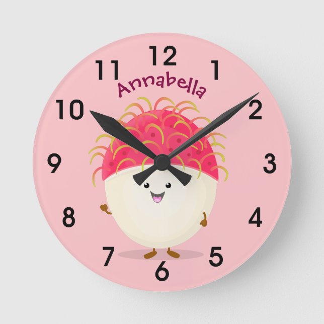 Cute pink rambutan cartoon illustration round clock (Front)