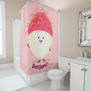 Cute pink rambutan cartoon illustration shower curtain