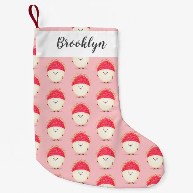 Cute pink rambutan cartoon illustration small christmas stocking (Front)