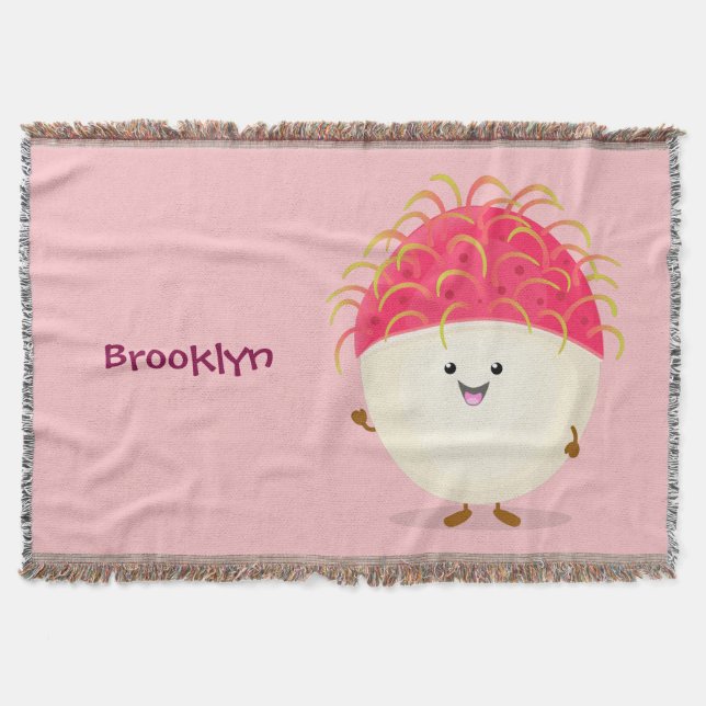 Cute pink rambutan cartoon illustration throw blanket (Front)