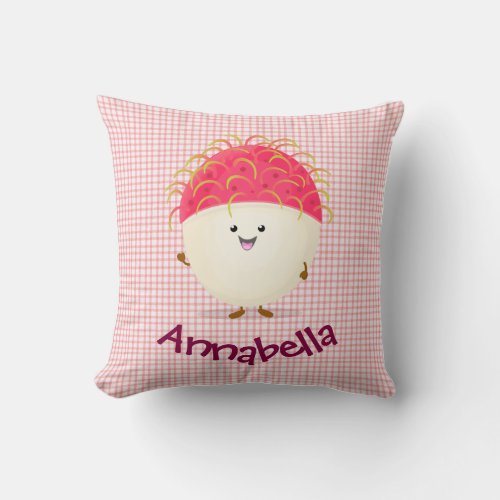 Cute pink rambutan cartoon illustration throw pillow