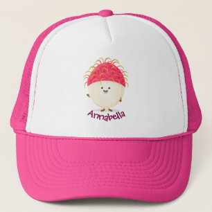 Cute pink rambutan cartoon illustration trucker hat