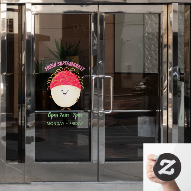 Cute pink rambutan cartoon illustration window cling (Office Door)