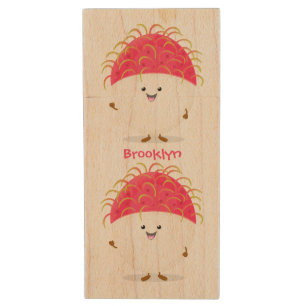 Cute pink rambutan cartoon illustration wood flash drive