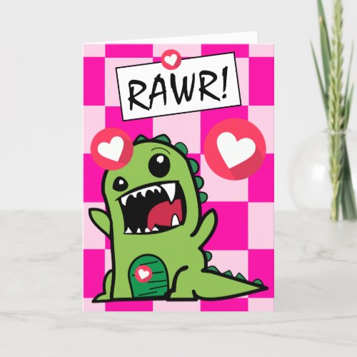 Cute Pink Rawr Dinosaur Kids Happy Valentines Day  Holiday Card