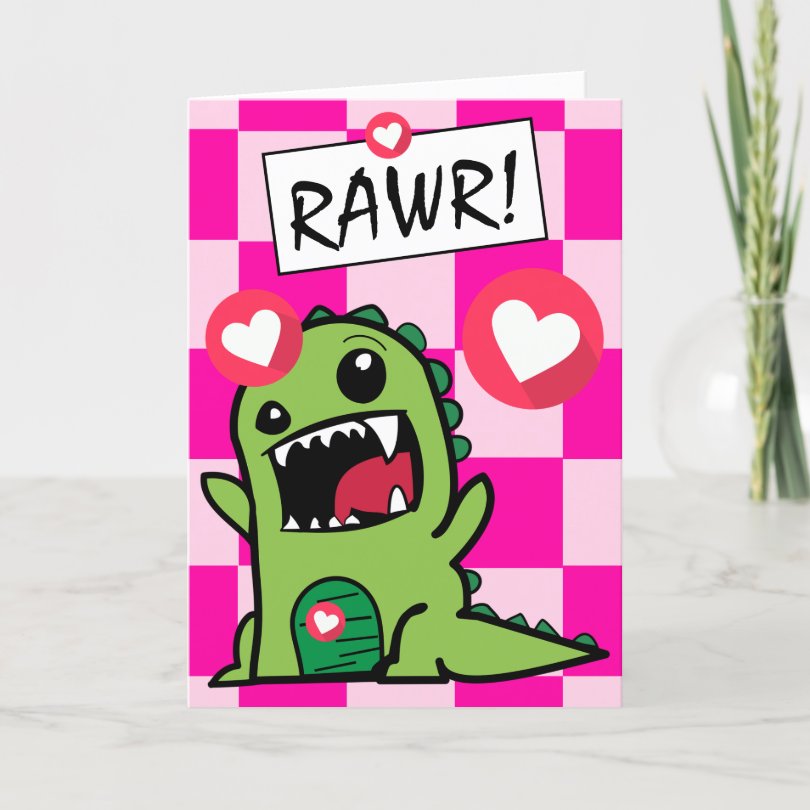 Cute Pink Rawr Dinosaur Kids Happy Valentines Day Holiday Card