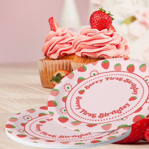 Cute Pink Red Berry First Birthday Paper Plates
