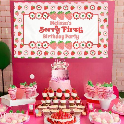 Cute Pink Red Berry First Birthday Party Banner