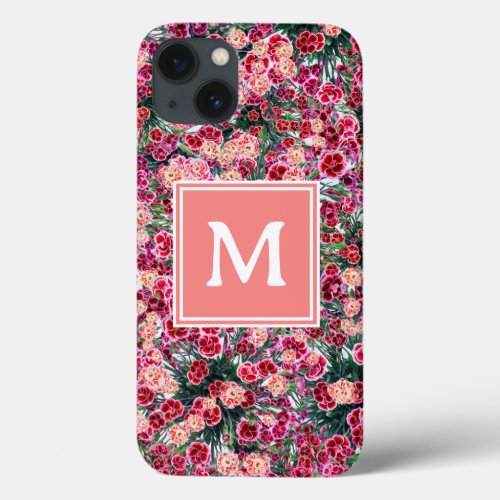 Cute pink red boho floral monogram Iphone 13 case