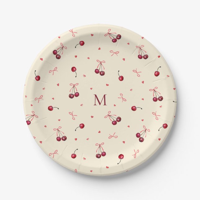 Cute Pink Red Bows Cherries Hearts with Monogram Paper Plates (Front)