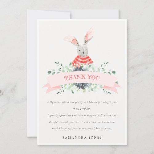 Cute Pink Red Bunny Foliage Any Age Birthday Thank You Card
