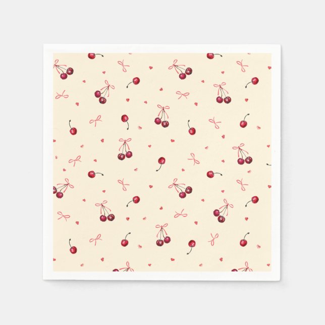 Cute Pink Red Cherries Hearts Bows on Cream Napkins (Front)