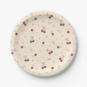 Cute Pink Red Cherries Hearts Bows on Cream Paper Plates