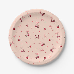 Cute Pink Red Cherries Hearts Bows with Monogram Paper Plates