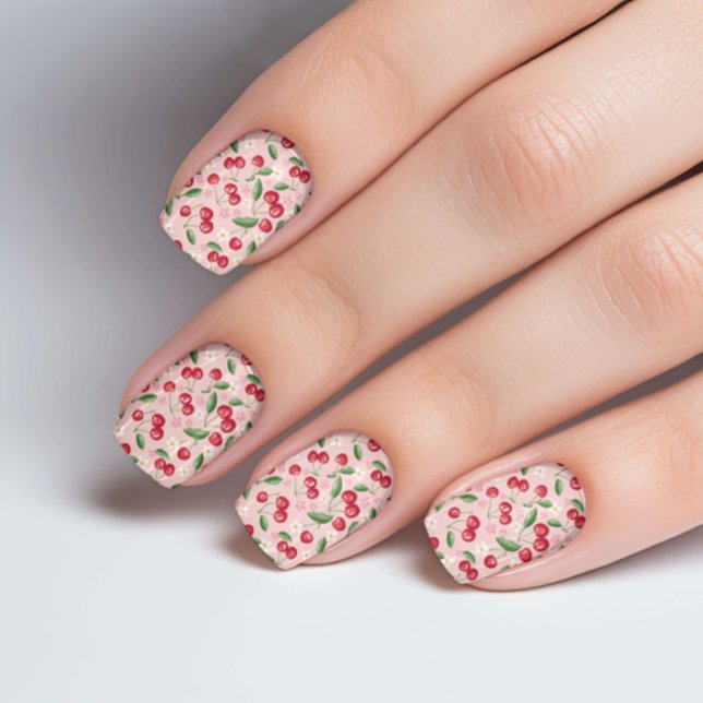Cute Pink Red Cherry Motif Pattern Minx Nail Art (The cute pink red cherry blossom pattern nail art decal design)