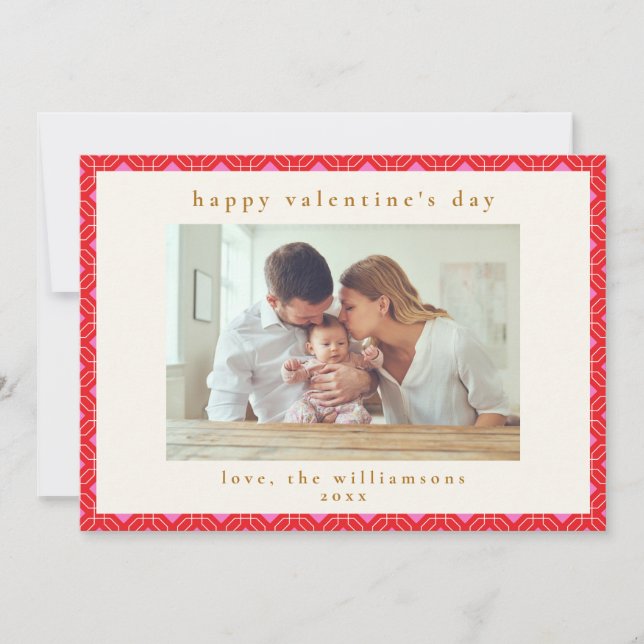 Cute Pink Red Custom Family Photo Valentine's Day  Holiday Card (Front)