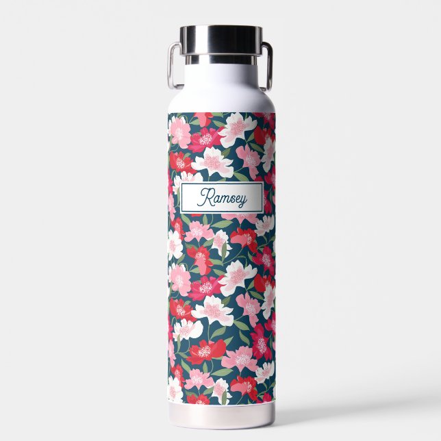 Cute Pink Red Floral Pattern, Custom Name Monogram Water Bottle (Front)
