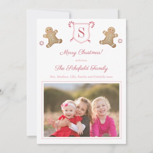 Cute Pink Red Gingerbread Peppermint Stripes Photo Holiday Card