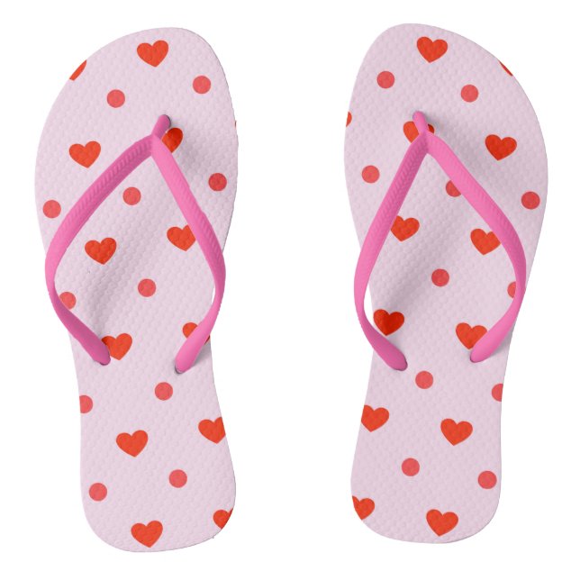 Cute Pink & Red Heart Spot Print Flip Flops (Footbed)