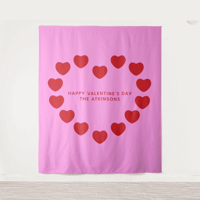 Cute pink red heart Valentine's Day party backdrop (Front)
