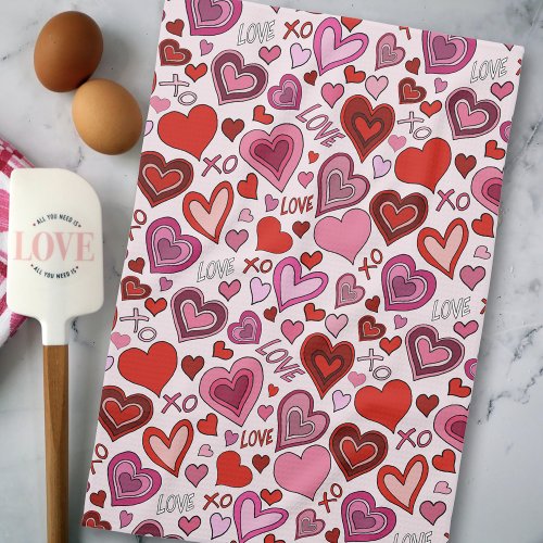 Cute Pink Red Hearts Blush Love Pattern Kitchen Towel