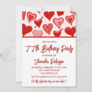 Cute Pink Red Hearts Pattern 77th birthday Invitation
