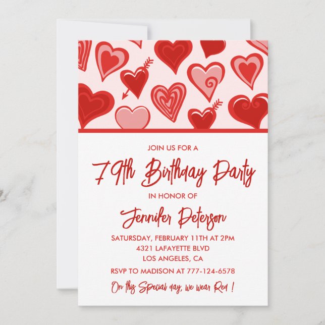 Cute Pink Red Hearts Pattern 79th birthday Invitation (Front)