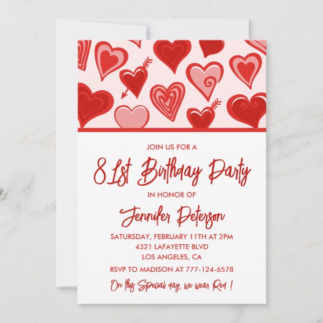 Cute Pink Red Hearts Pattern 81st birthday Invitation (Front)