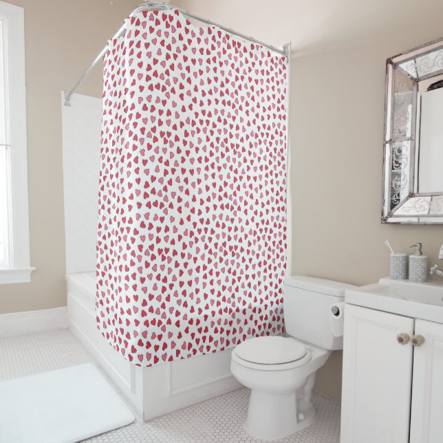 Cute Pink & Red Hearts Pattern Girls Bathroom Shower Curtain (In Situ)