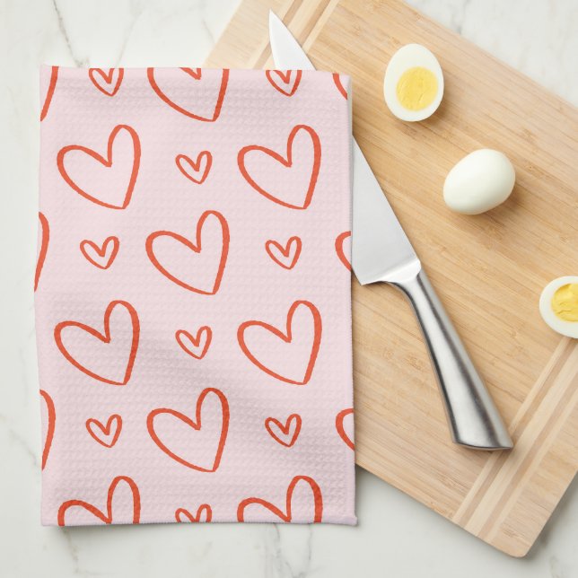 Cute Pink & Red Hearts Pattern Kitchen Towel (Quarter Fold)