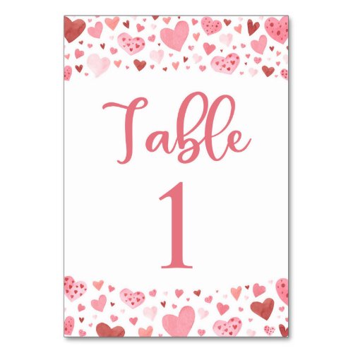 Cute Pink Red Hearts Valentine Table Number Card