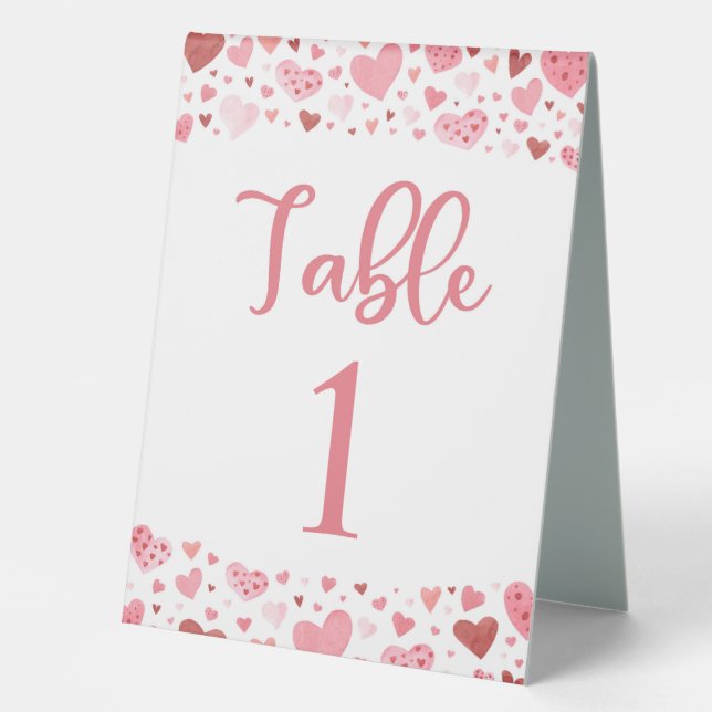Cute Pink Red Hearts Valentine Table Number Card Table Tent (Front)