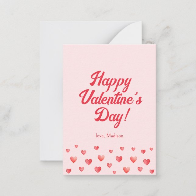 Cute Pink Red Hearts Valentine's Day Note Card (Front)