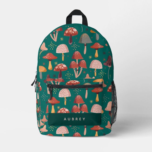 Cute Pink & Red Mushroom Pattern Green Printed Backpack (Front)