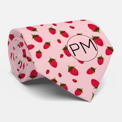 Cute Pink Red Retro Strawberry Monogram Novelty Neck Tie