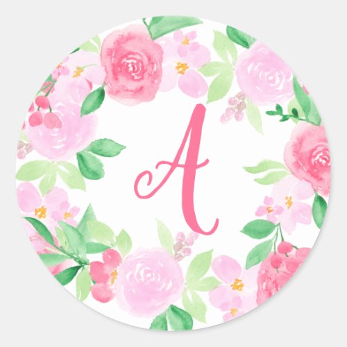 Cute pink red roses floral watercolor monogram classic round sticker