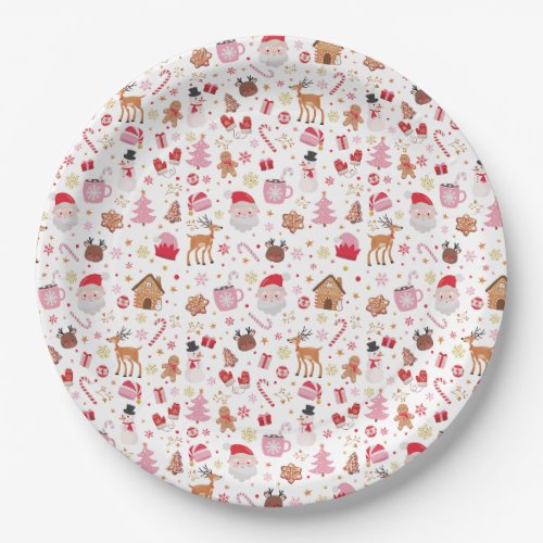 Cute Pink Red Santa Claus Christmas Holiday Party Paper Plates
