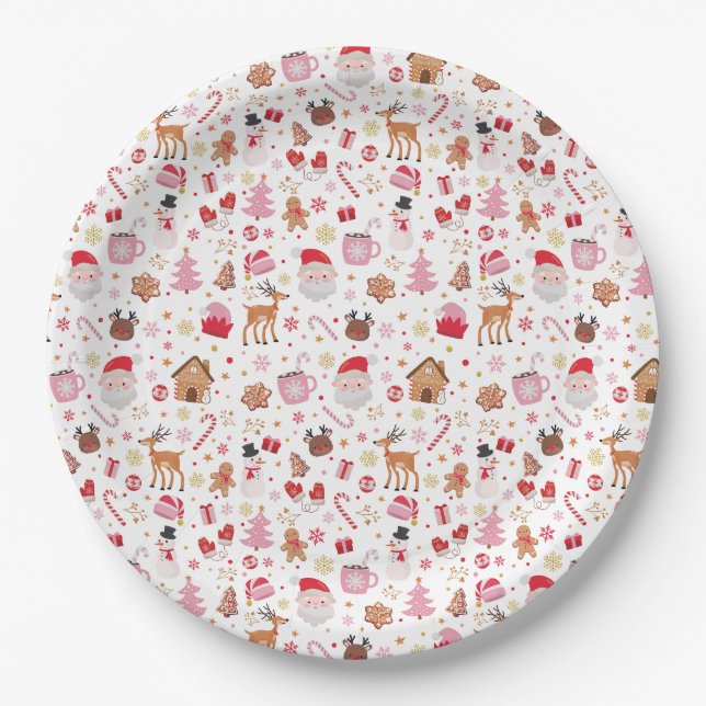 Cute Pink Red Santa Claus Christmas Holiday Party Paper Plates (Front)