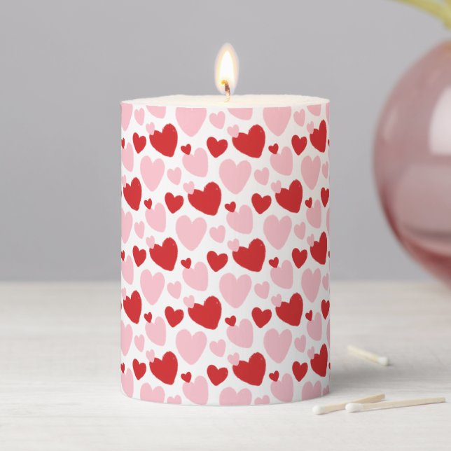 Cute Pink Red Speckled Heart Pattern Pillar Candle (In Situ)