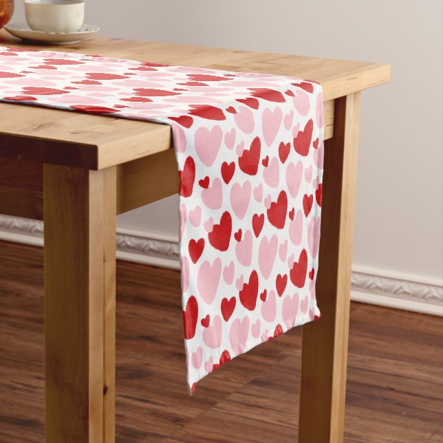 Cute Pink Red Speckled Heart Pattern Short Table Runner (In Situ)