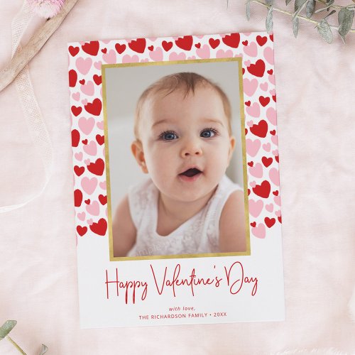 Cute Pink Red Speckled Heart Valentines Day Photo Holiday Card