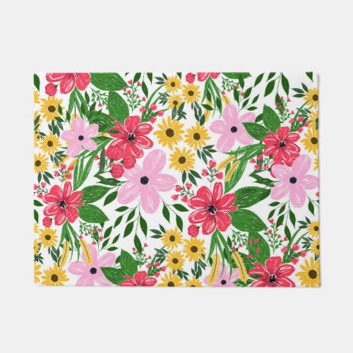 Cute Pink Red Spring Floral Hand Paint Design Doormat