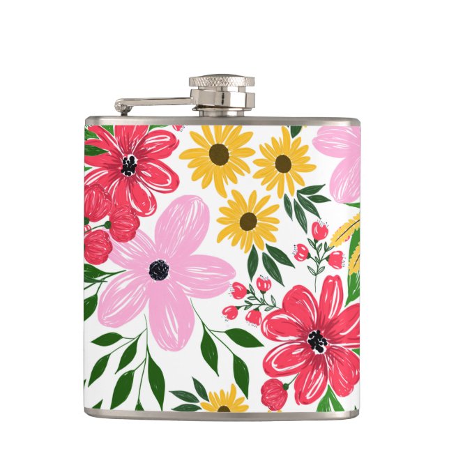 Cute Pink Red Spring Floral Hand Paint Design Flask (Front)