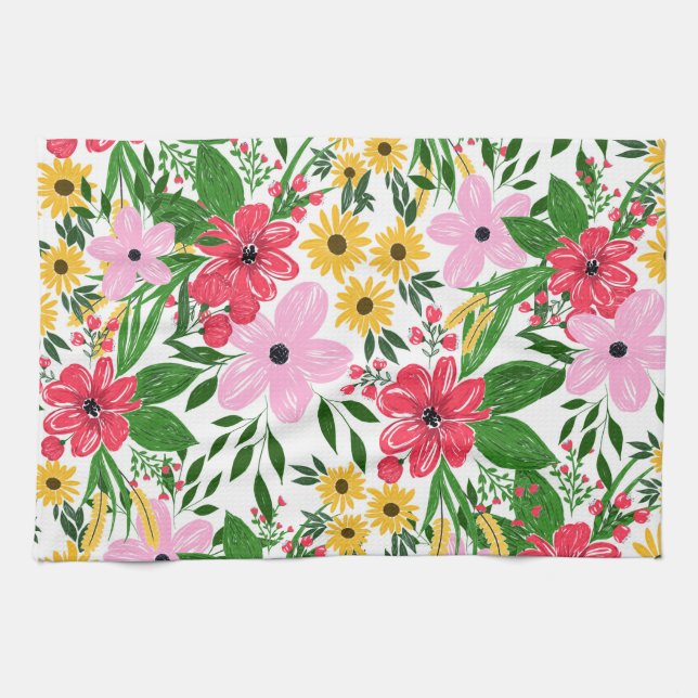 Cute Pink Red Spring Floral Hand Paint Design Kitchen Towel (Horizontal)