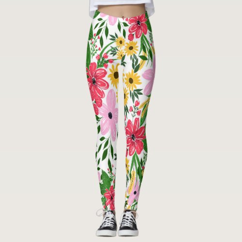 Cute Pink Red Spring Floral Hand Paint Design Leggings