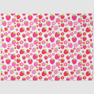 Cute Pink & Red Strawberries & Flowers on White Tissue Paper